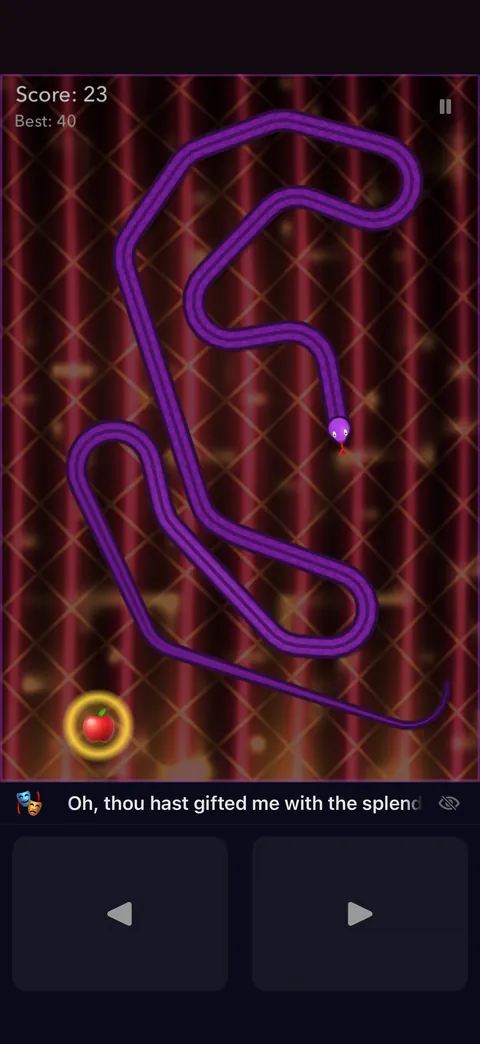 A purple snake curling through a deep red arena, with a golden food glowing in the corner and the snake declaring 'Oh, thou hast gifted me with the splend…'