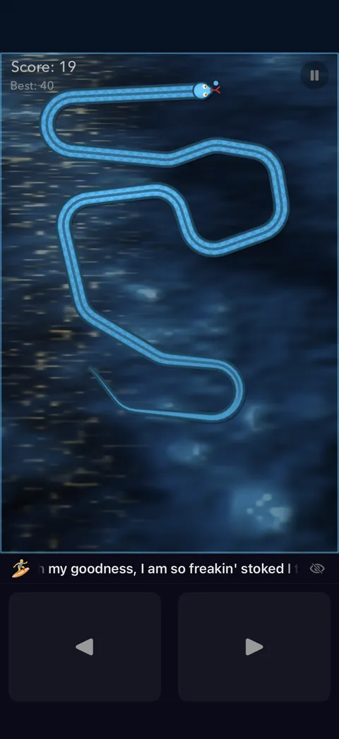 A blue snake winding across a dark underwater arena, saying 'my goodness, I am so freakin' stoked!'