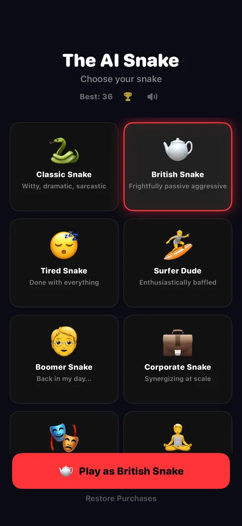 The snake picker: a grid of personalities including Classic, British, Tired, Surfer Dude, Boomer and Corporate Snake, each with a one-line description
