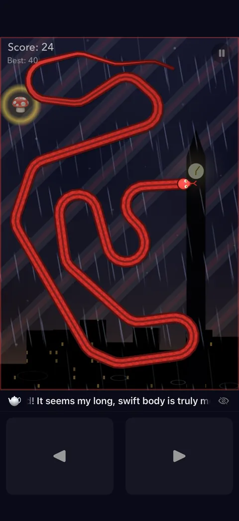 A red snake in a rainy city arena with Big Ben behind it, saying 'It seems my long, swift body is truly m…'